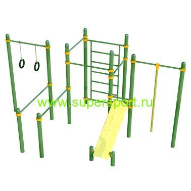 Скамья для пресса, лестницей, пять турников, брусья, кольца, канат СК-7.31